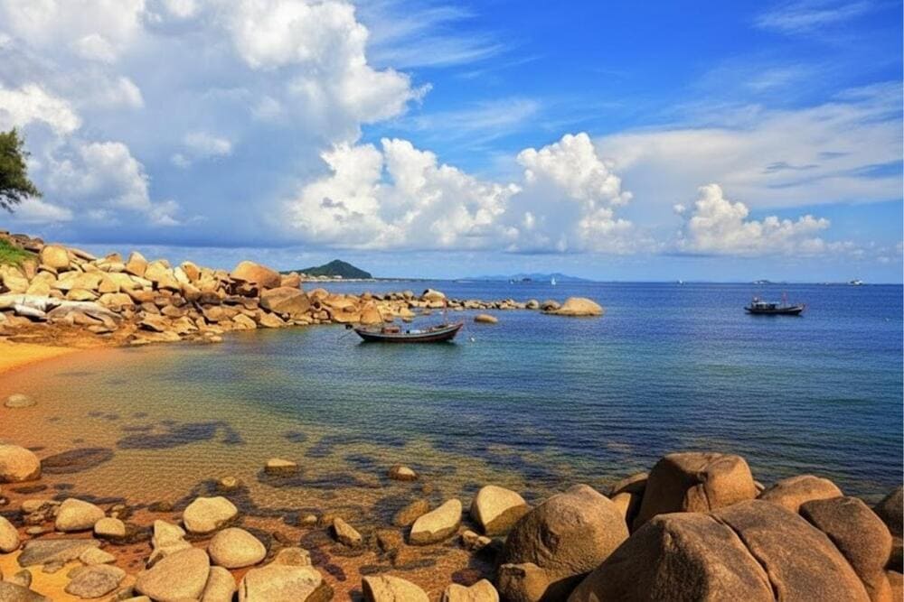 Đảo Hòn Bớc thuộc cụm đảo nhỏ nằm ngoài khơi biển Thiên Cầm, cách bãi biển vài trăm mét.